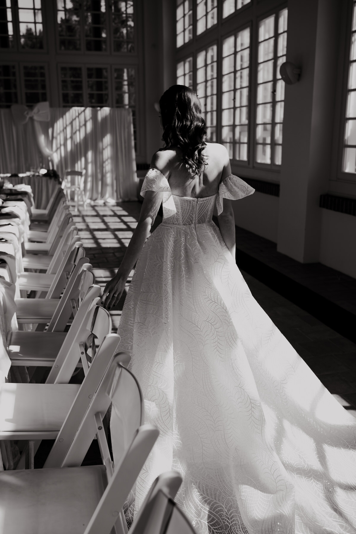 The bride sees the wedding decorations for the first time.