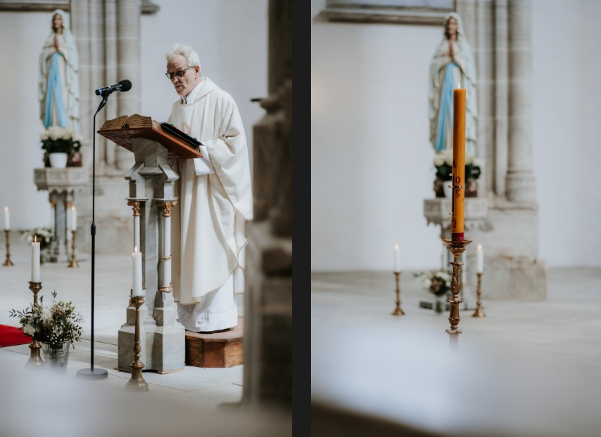 The priest marries the engaged couple during their ceremony.
