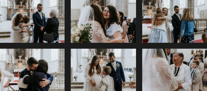 Wedding guests congratulate the newlyweds.