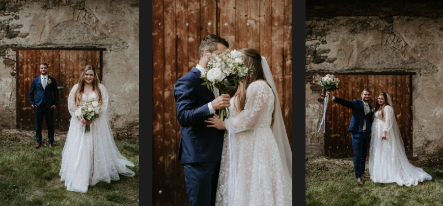 The bride and groom take pictures in the garden of their parish.