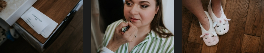 A makeup artist is doing the bride's makeup.
