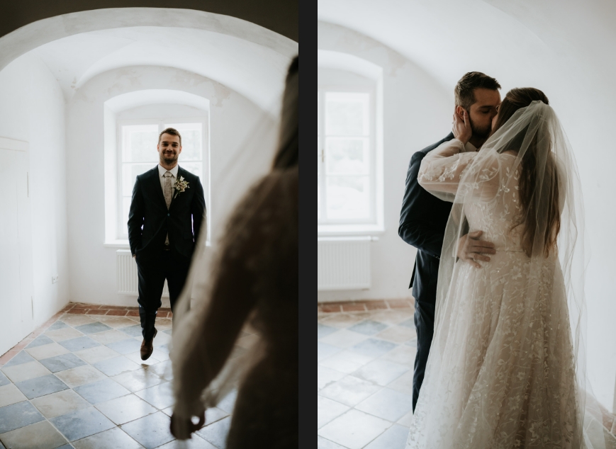 Bride and groom during their first look at Doubravník. 