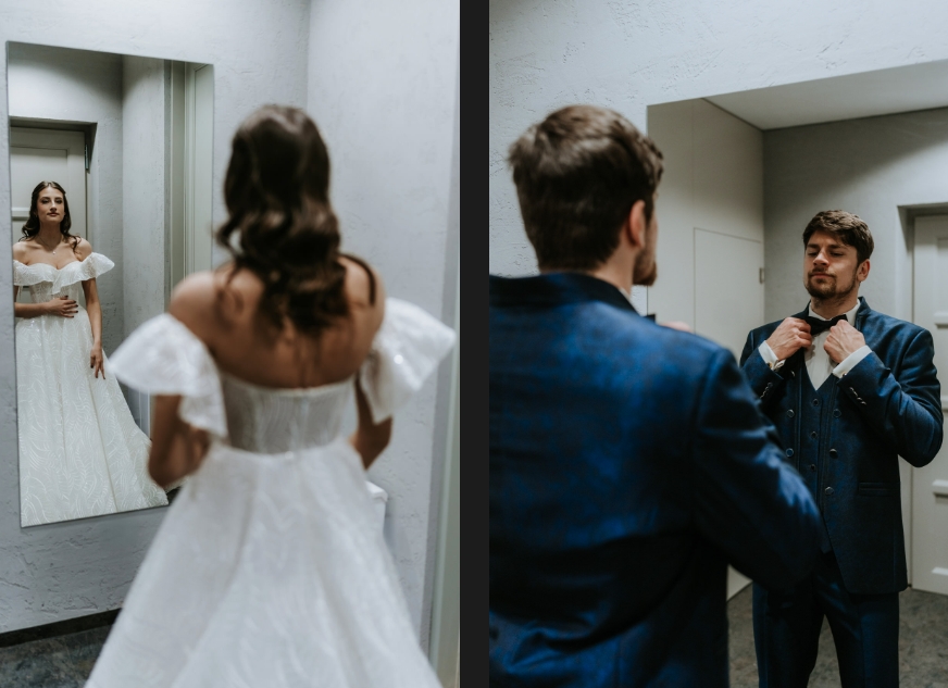 Preparations of the bride and groom before the wedding ceremony.