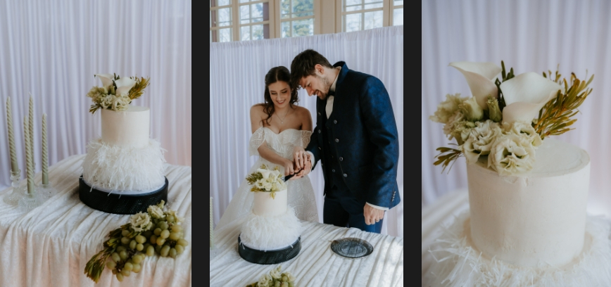 The newlyweds are cutting their wedding cake.
