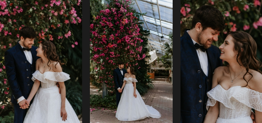 Newlywed photoshoot in a greenhouse.