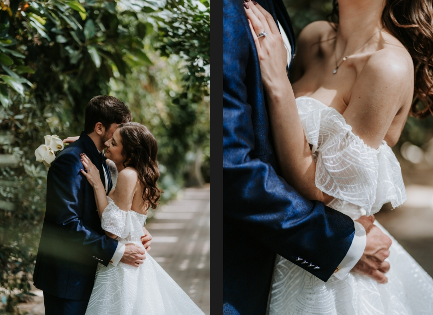 Bride and groom photoshoot in a greenhouse.