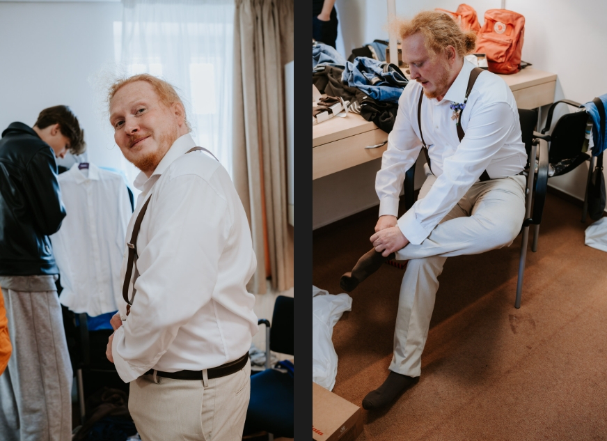 The groom gets dressed and prepares before the ceremony.