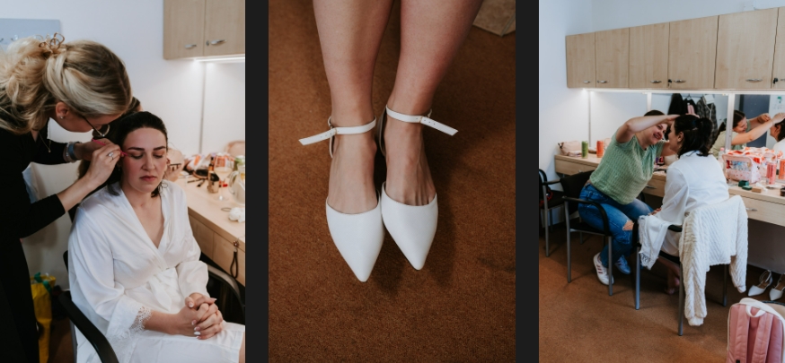 The bride is getting ready and the bridesmaid is doing her makeup.