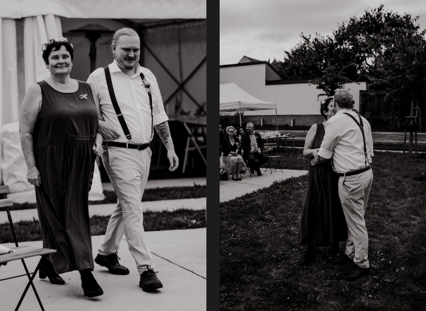 Mom leads the groom to the altar.