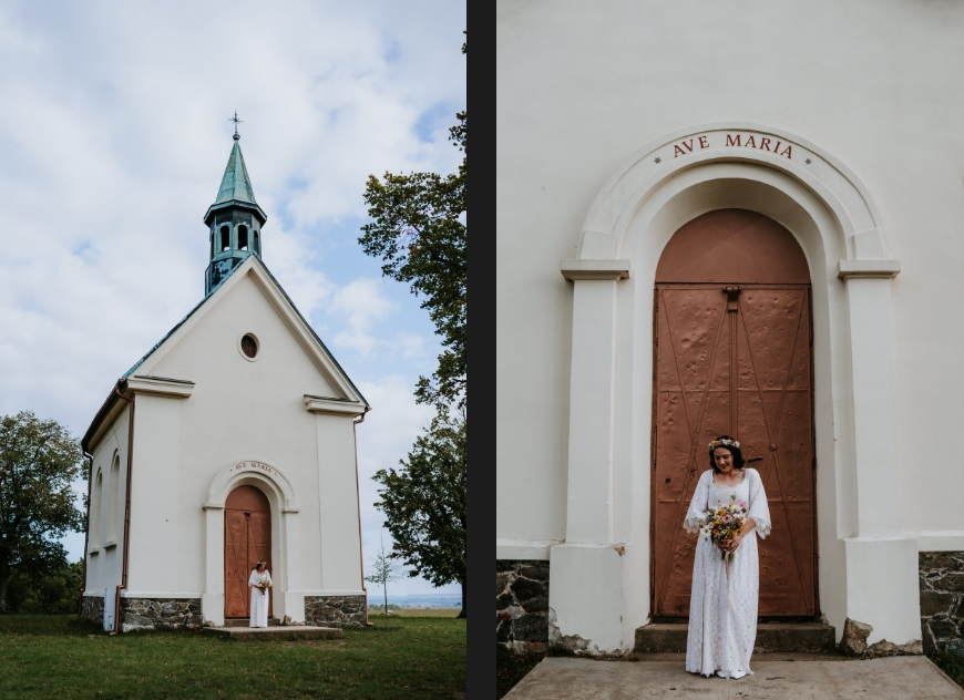 Wide shot of the bride standing at the chapel, wedding in Brno.