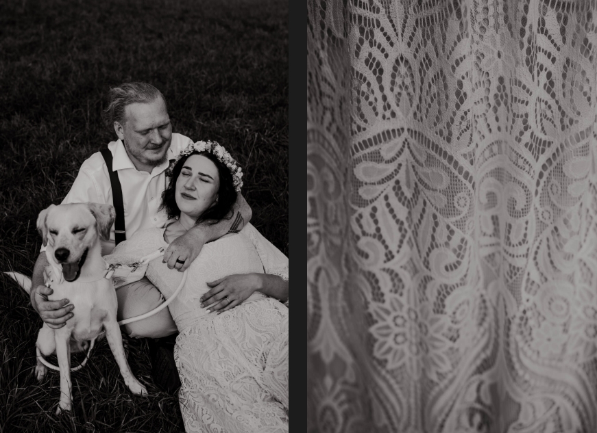 Newlyweds during a couple photoshoot, black and white photo.