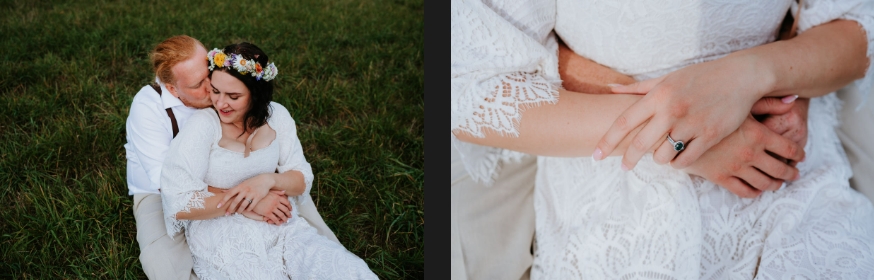Bride and groom sitting in the grass during their photo shoot.