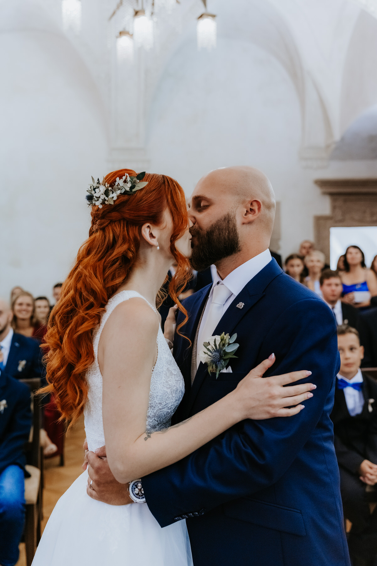 The bride and groom during their first kiss as husband and wife.