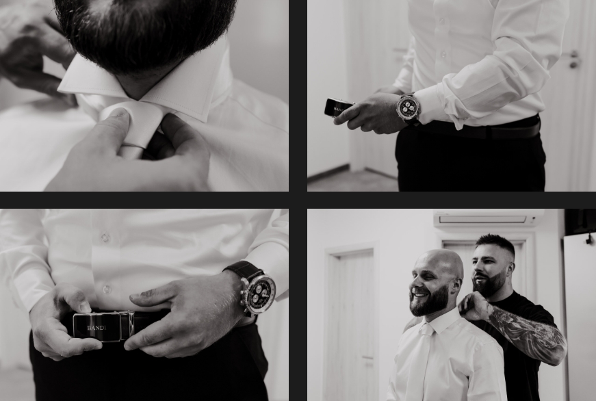 Groom's preparations - details of putting on a suit.
