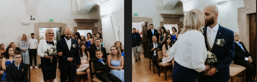 Wedding at Hradec Králové - Mom walks the groom down the aisle to the altar.