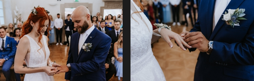 The engaged couple exchange wedding rings.